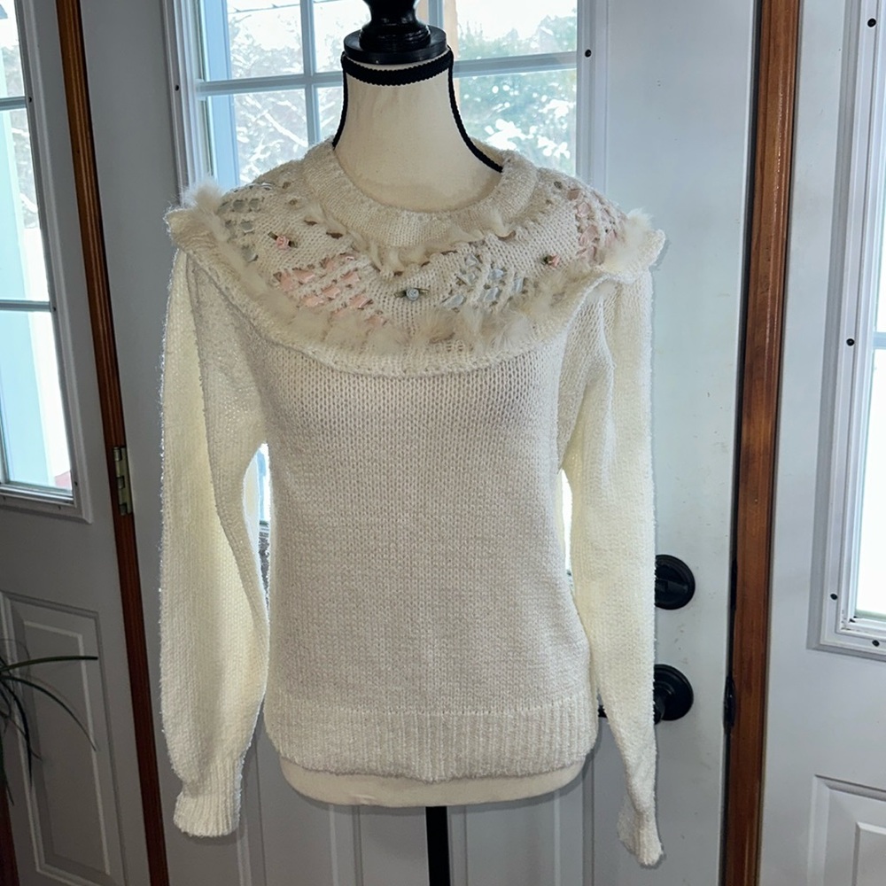 Vintage Impromptu Crew Neck Fur and Ribbon Sweater